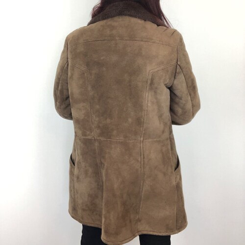Vintage sheepskin coat brown suede leather winter jacket overcoat shops size m l eu 46 FRIITALA unisex