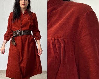 70s vintage corduroy dress puffy sleeves handsewn burnt orange dress for women sizes L - XL