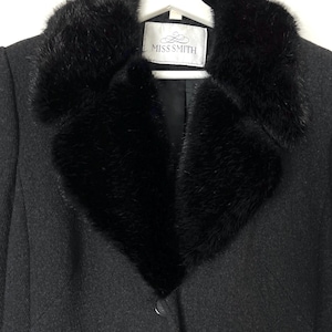 Vintage black coat, fake fur collar, wool midi overcoat for women, size M