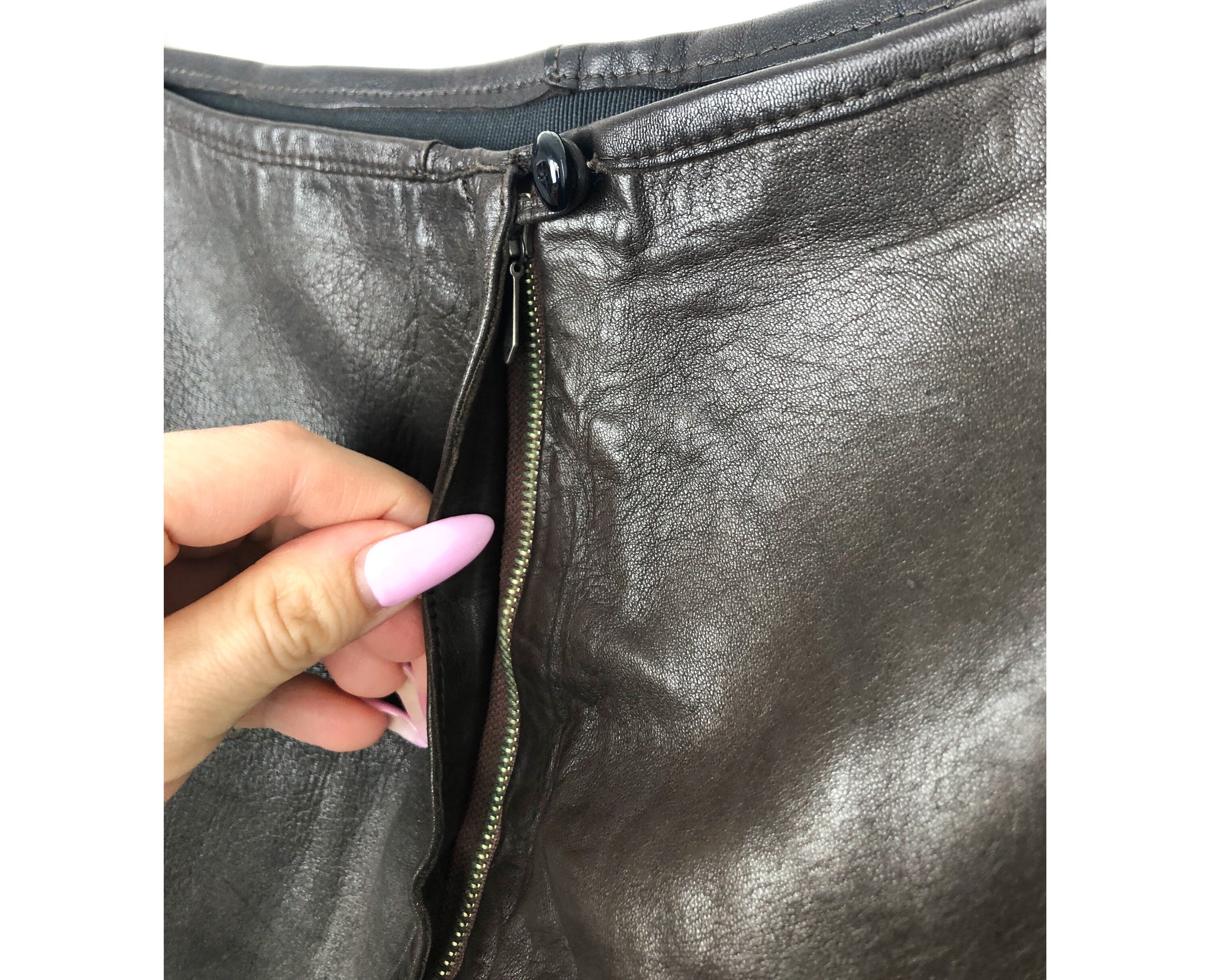 Vintage Brown Patchwork Leather Skirt: A-Line Midi, Size S/M