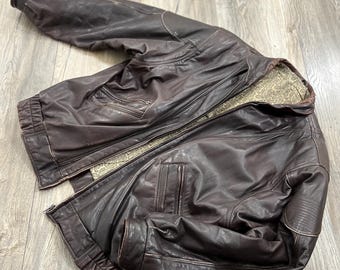 80s Vintage Brown Leather Jacket Oversized Size L - XL, Y2k Bomber