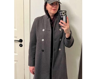 Vintage MARIMEKKO Spring Coat Grey Wool Peacoat, Double Breasted, Size XS-S