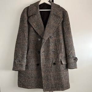 Scandinavian vintage coat tweed double breasted lined overcoat for men, grey brown pocketed jacket size L - XL