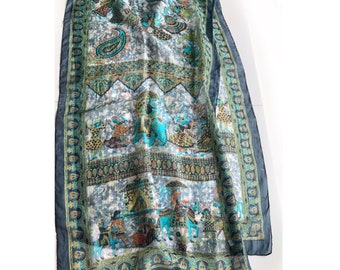 Vintage delicate lange zijden sjaal, zachte groene sjaal, damessjaals, gemaakt in India