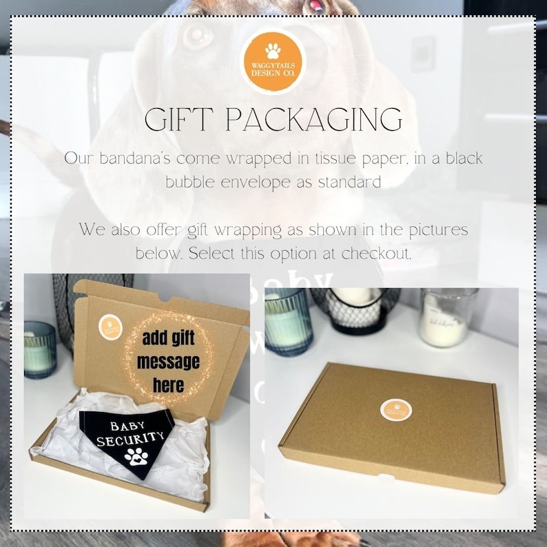 May include: A brown cardboard box with a white circle and the text "add gift message here". Inside the box is a black bandana with the text "BABY SECURITY".