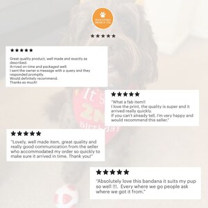 Puede incluir: Cinco estrellas para una bandana para mascotas. Las rese&ntilde;as destacan la calidad del producto, la rapidez del env&iacute;o y la atenci&oacute;n al cliente del vendedor. Las rese&ntilde;as tambi&eacute;n mencionan que la bandana est&aacute; bien hecha y se ve genial en las mascotas.