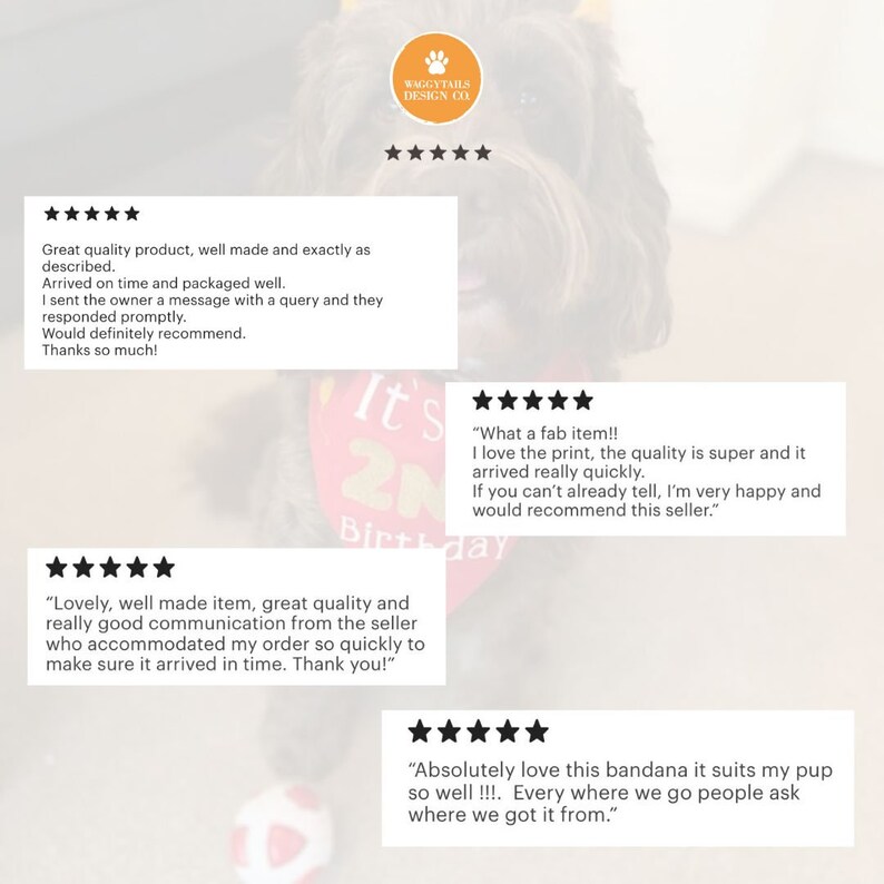 Puede incluir: Cinco estrellas para una bandana para mascotas. Las rese&ntilde;as destacan la calidad del producto, la rapidez del env&iacute;o y la atenci&oacute;n al cliente del vendedor. Las rese&ntilde;as tambi&eacute;n mencionan que la bandana est&aacute; bien hecha y se ve genial en las mascotas.