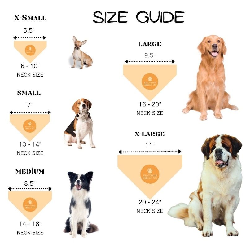 May include: Size guide for dog bandanas with different sizes and corresponding neck sizes in inches. The guide includes images of dogs wearing the bandanas. Sizes include X-Small, Small, Medium, Large, and X-Large.