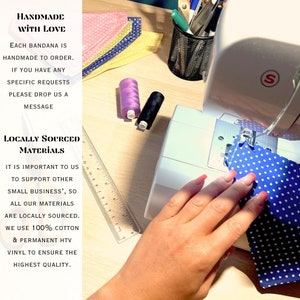 May include: A close-up of a sewing machine with a blue and white polka dot fabric being sewn. The machine is on a wooden table with a ruler, spools of thread, and a container of sewing supplies. The text "HANDMADE WITH LOVE" and "LOCALLY SOURCED MATERIALS" is visible in the image.