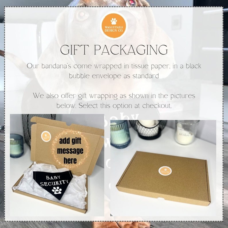 Puede incluir: Una caja de cart&oacute;n marr&oacute;n con un c&iacute;rculo blanco y el texto "add gift message here". Dentro de la caja hay una bandana negra con el texto "BABY SECURITY".
