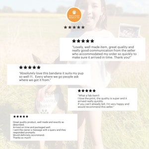 May include: Five star reviews for a bandana with the text "what having ababyu" printed on it. The reviews highlight the quality of the product, the seller's communication, and the speed of delivery.