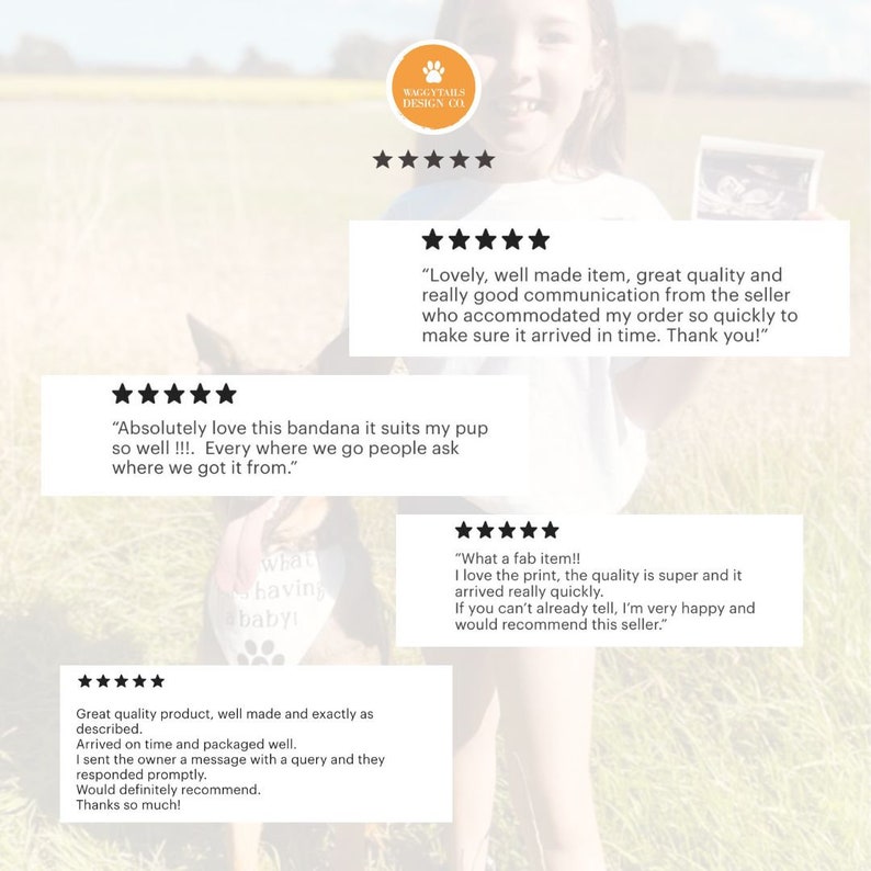 May include: Five star reviews for a bandana with the text "what having ababyu" printed on it. The reviews highlight the quality of the product, the seller's communication, and the speed of delivery.