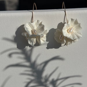 Dangle earrings, porcelain flowers and natural freshwater pearls, romantic ceremony and wedding, glamour…