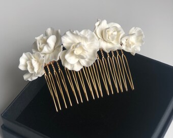 Wedding hair comb, bridal hairstyle jewelry, white cold porcelain flowers, very elegant.