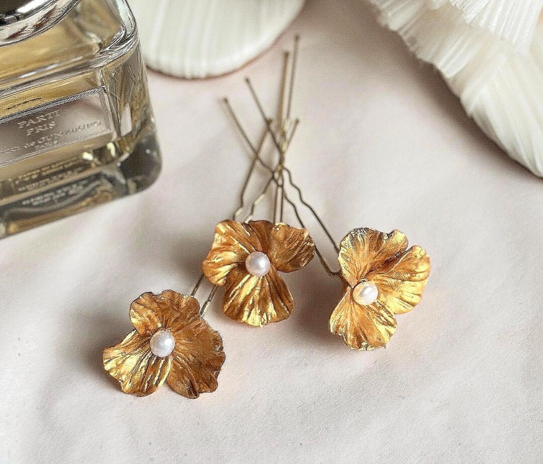 3 Wedding Jewelry Pieces: Cold Porcelain Flowers in Antique Gold Color ...