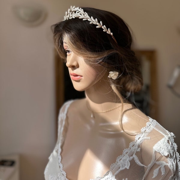 Couronne cheveux mariage, bijoux coiffure de mariée en porcelaine, accessoire de tête déesse grecque