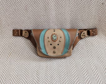 Handmade Leather Festival Bum Bag: Ruby Fuchsite Accent, Adjustable Belt