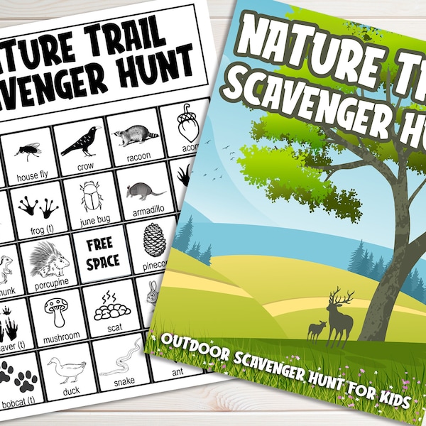 Nature Trail Camping Scavenger Hunt Outdoor Bingo Game Printable For Kids