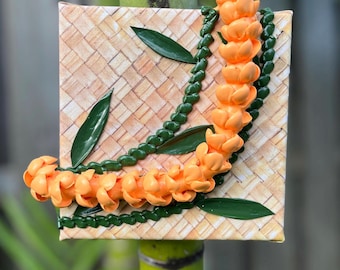Puakenikeni 6” 3 dimensional Hawaiian flower lei acrylic art painting on lauhala- Hawaii home decor artwork- fine art- sculpture painting