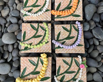 3 dimensional Hawaiian flower lei mini art SETS- texture painting on lauhala- Hawaii home decor artwork- fine art gift- sculpture painting