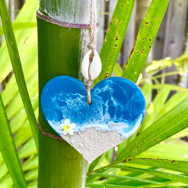 Ocean heart beach ornament w/ sand and plumeria flower- Christmas Secret Santa teacher gift-blue stocking stuffer- tropical wine charm