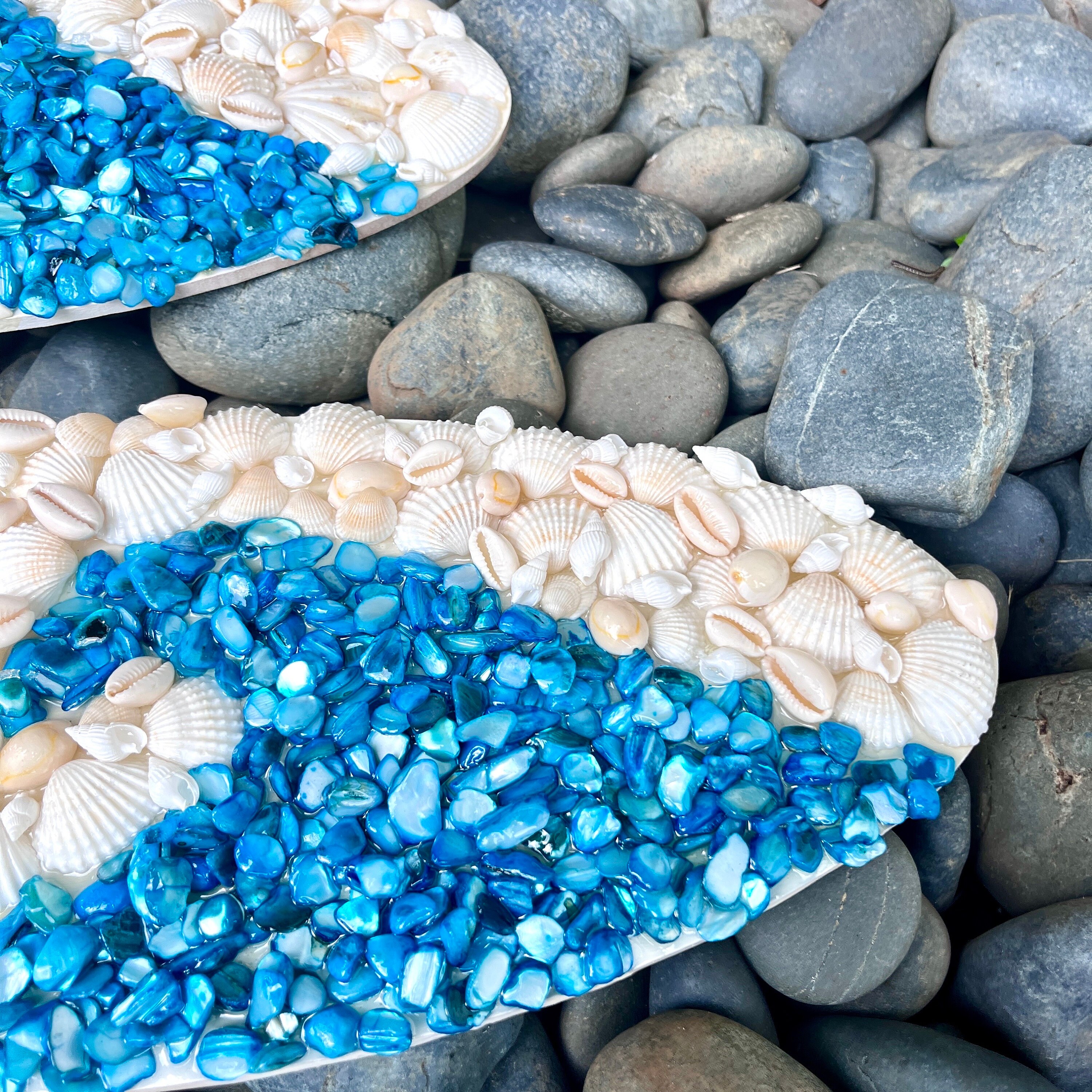 Surfboard Blue Wave Sea Shell Wall Hanging- White Coastal Tropical