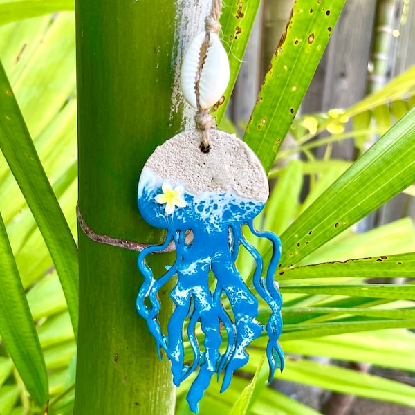 Ocean jellyfish beach ornament w/ plumeria - Hawaiian Christmas Secret Santa teacher boho gift- stocking stuffer- beachy tropical wine charm