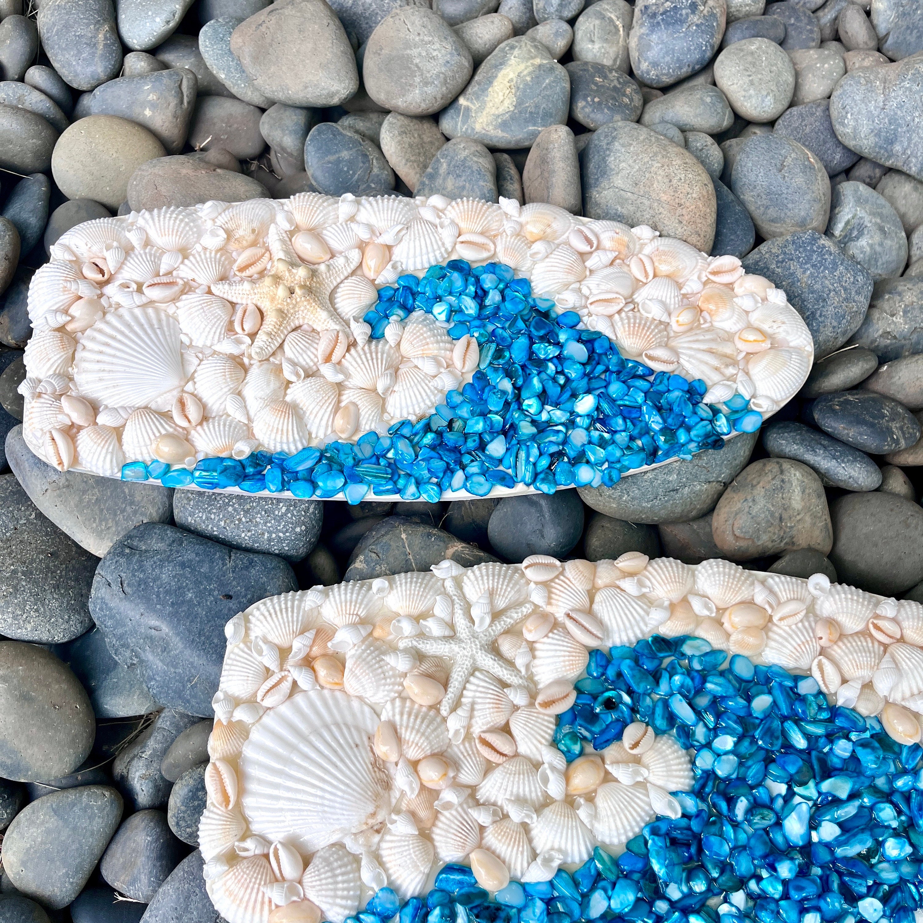Surfboard Blue Wave Sea Shell Wall Hanging- White Coastal Tropical