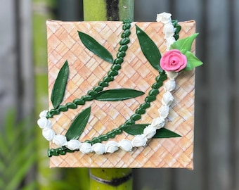 Pikake (Jasmine)  6” 3D Hawaiian white flower lei with rose- art painting with lauhala print- Hawaii home decor artwork-  sculpture painting