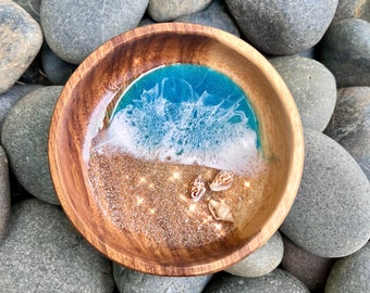 Glitter beach sea shell jewelry bowl from Hawaii- wave art gift- tropical jewelry ring holder dish- beachy Hawaiian wedding party favor.