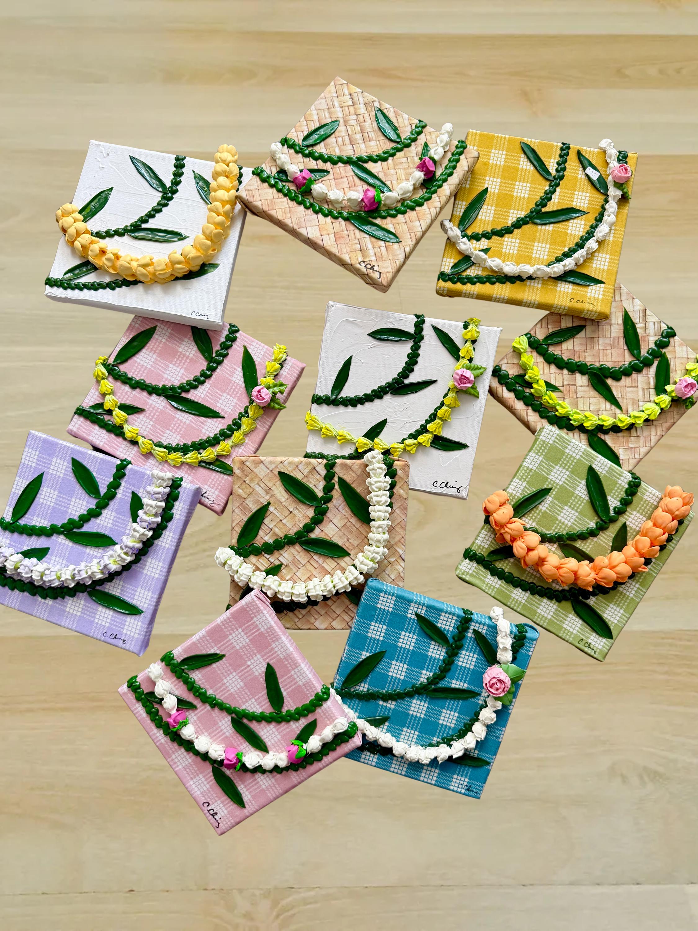 3D Hawaiian Flower Lei on Palaka Canvas- Acrylic Art Painting