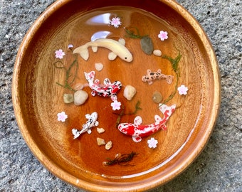 Koi fish wooden resin bowl-  Japanese art gift- housewarming present- resin jewelry dish- calming fishpond carp zen trinket dish 6”