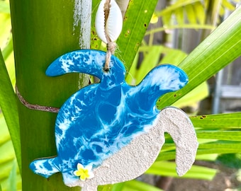 Sea turtle beach ocean ornament w/ plumeria- Hawaiian Christmas Secret Santa teacher boho gift- stocking stuffer-  tropical wine charm