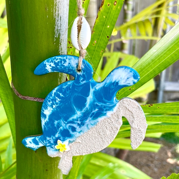 Sea turtle beach ocean ornament w/ plumeria- Hawaiian Christmas Secret Santa teacher boho gift- stocking stuffer-  tropical wine charm