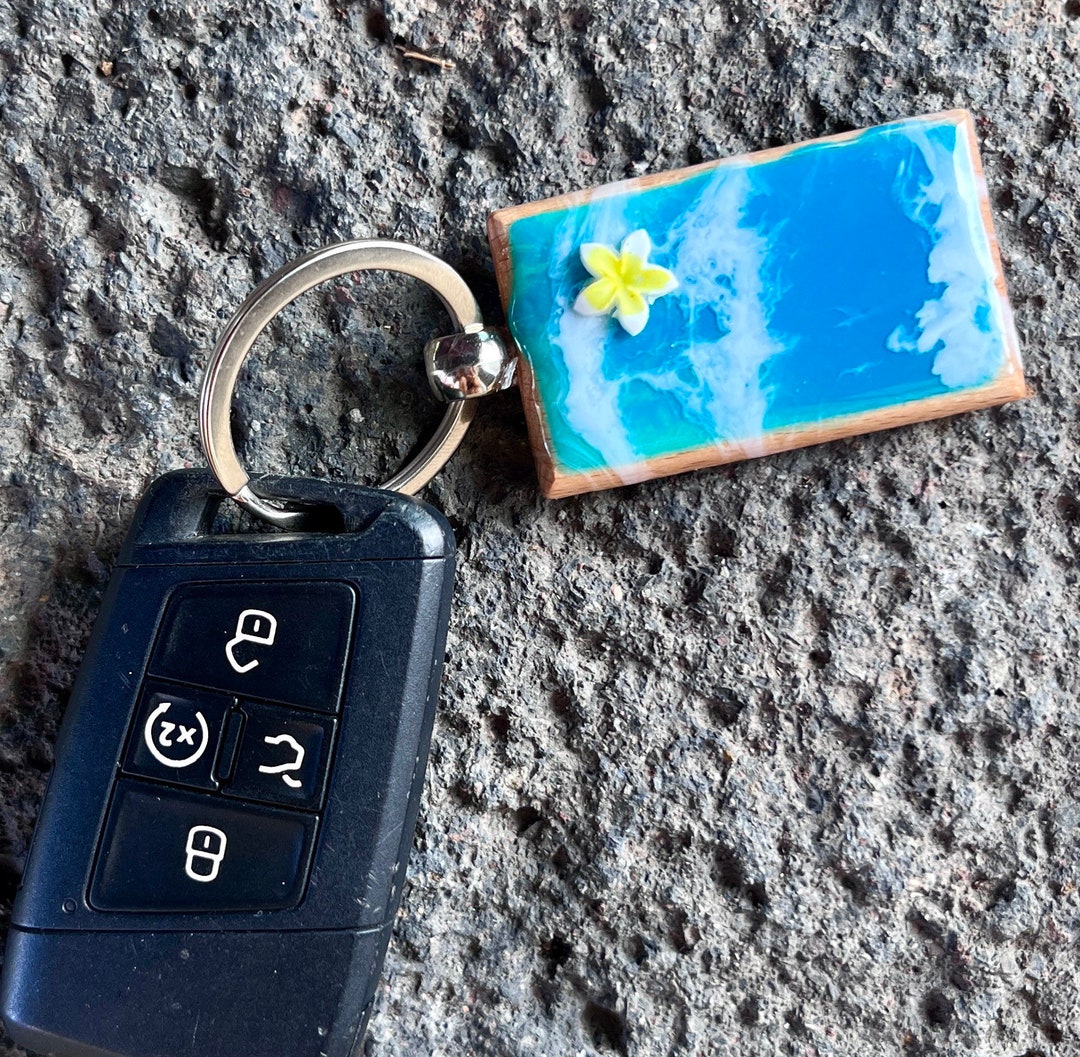Ocean Plumeria Keychain Tropical Resin Key Ring Art Wood Small Hawaii