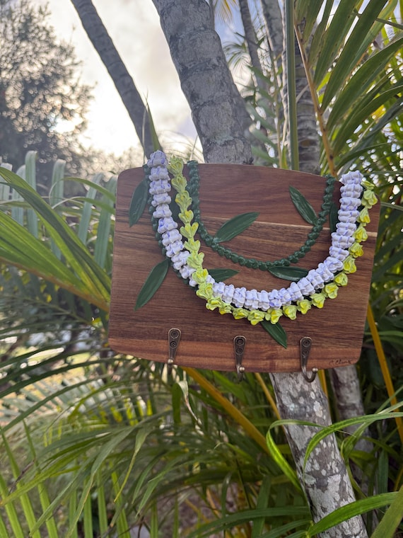 Hawaii Flower Lei Art Key Hook- Purple Crown Flower With or