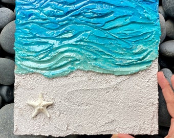 Blue textured ocean Hawaii beach resin art with a starfish - Tropical seashore wave wall hanging decor- Hawaiiian souvenir small gift- 8”x8”