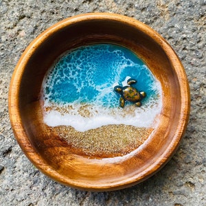 Sea turtle ocean beach jewelry bowl- unique birthday wood crystal catch all - Tropical miniature Hawaii lover gift- wedding favor- 4”