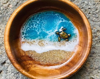 Sea turtle ocean beach jewelry bowl- unique birthday wood crystal catch all - Tropical miniature Hawaii lover gift- wedding favor- 4”