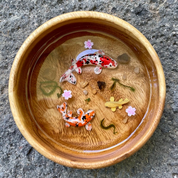 Koi fish small wood jewelry bowl- Japanese art gift- unique catch all dish-miniature cherry blossom fishpond carp zen trinket dish- 4”