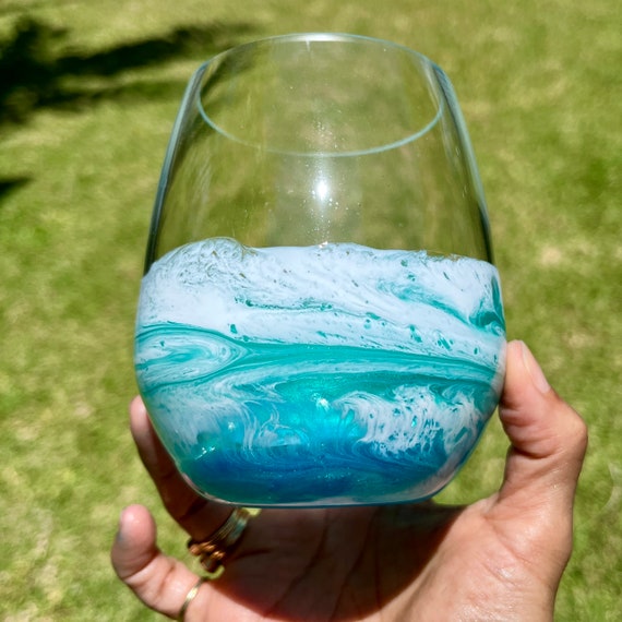 Sparkly Aqua Ocean Acrylic Wine Glass Unbreakable Stemless 