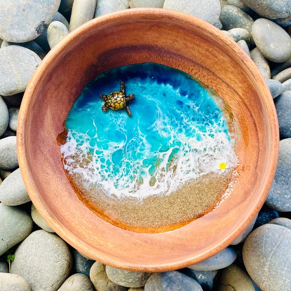 Sea turtle and plumeria ocean epoxy resin bowl- tropical jewelry dish- Hawaiian home decor- Beach art housewarming gift- honu wooden bowl 8”