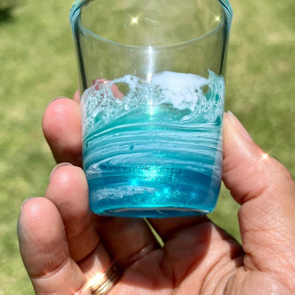 Sparkly blue ocean shot glass- Hawaiian blue wave glasses- resin barware- tropical drinkware cocktail cup- tiki bar wedding gift souvenir