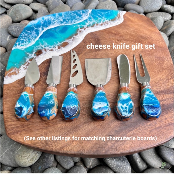 Ocean waves cheese knives gift set- housewarming Christmas Mothers Day present- tropical wood cutlery- blue beach party art spreader