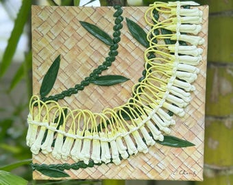 3D Micronesian ginger Hawaiian flower lei painting on lauhala canvas-Hawaii tropical home decor artwork- sculpture- 8”
