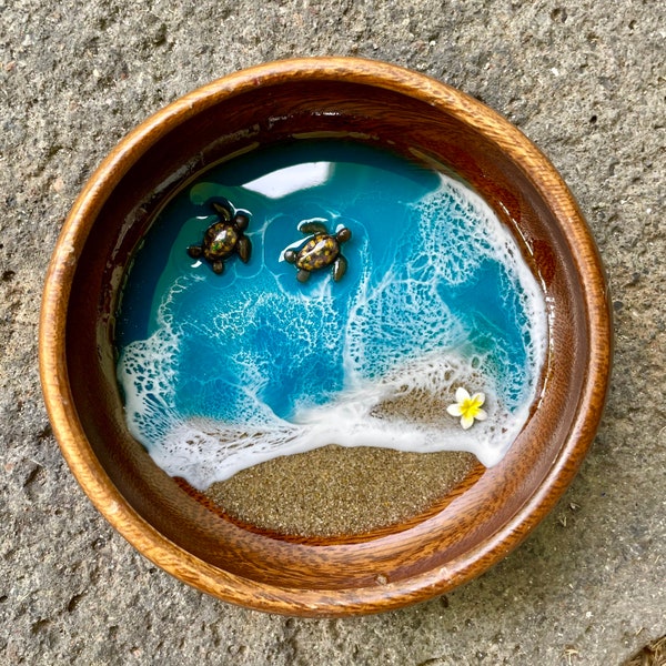 Sea turtle and plumeria ocean resin jewelry bowl- tropical wood dish- Hawaiian home decor- unique miniature blue beach art Birthday gift- 6”
