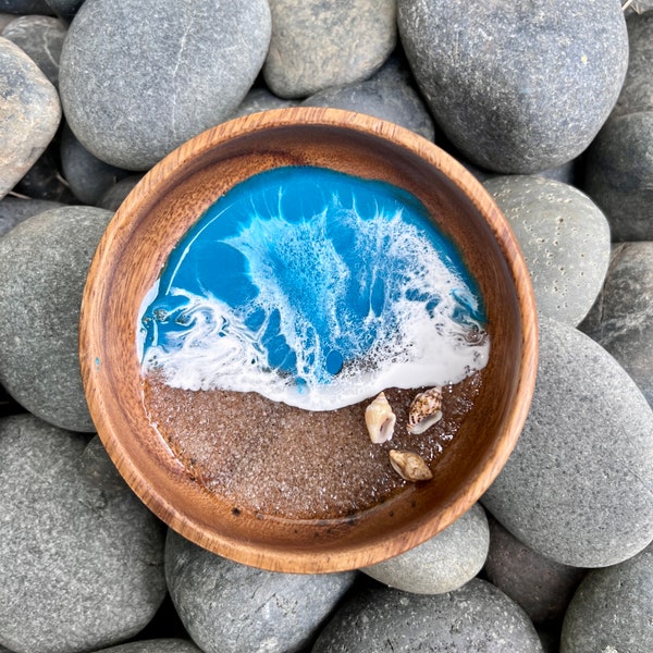 Ocean beach Hawaii sea shell wood jewelry bowl- wave art gift- tropical jewelry ring holder dish- beachy Hawaiian wedding decor party favor.