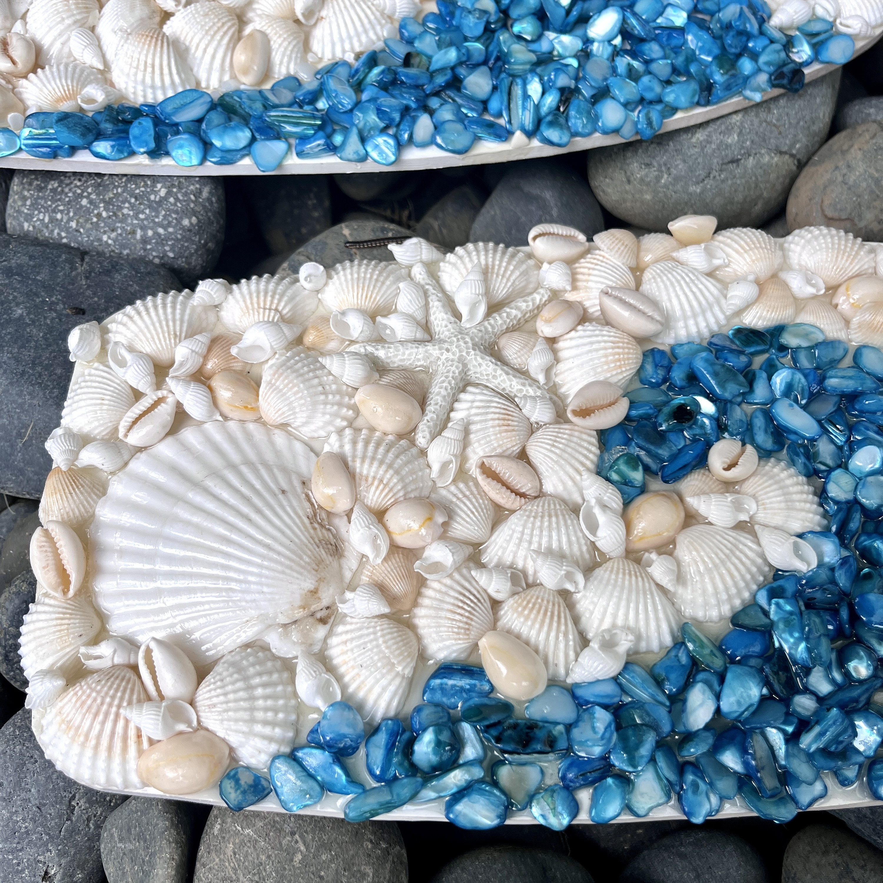 Surfboard Blue Wave Sea Shell Wall Hanging- White Coastal Tropical