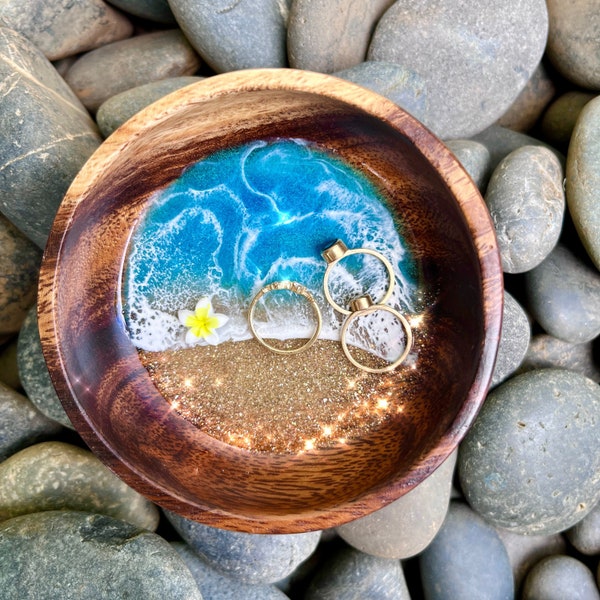 Ocean beach glitter plumeria flower wood bowl- Hawaii wave art gift- housewarming present- resin jewelry dish- beachy Hawaiian wedding decor