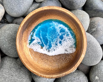 Ocean beach Hawaii wood resin bowl- wave art unique art gift- tropical jewelry catch all dish- beachy Hawaiian wedding decor- party favor